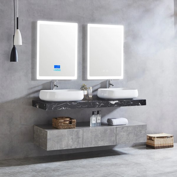 Badevrelsespakke marmor | Dobbelt vask | LED spejl med bluetooth